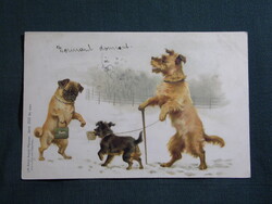 Képeslap,litho,grafika,művészet,állatok,kutya sétáltatás,1900-