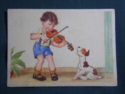 Képeslap,R. K. grafikai,gyerek modell,kisfiú hegedül,kutya, 1950-