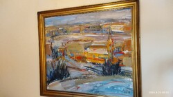 Wagner János (1936 - ) Budapest látképe  .Képcsarnokos festménye