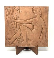 Pándi Kiss János szobrászművész (1905-1981) jelzett női akt terrakotta dombor falikép 'Nádas' RZ
