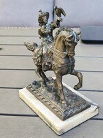 Antik bronz lovas vadász hölgy sólyommal a kezében,márvány talpazaton,fotókon látható,gyönyörű darab