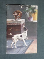 Képeslap,grafikai,művészet,foxterrier kutya,macska,cica,1910-