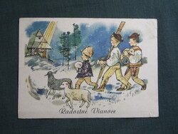 Képeslap,Štefan Cpin grafika,művészet,ünnep,karácsony,gyerek modell,kisfiú,népviselet,betlehem,1950-