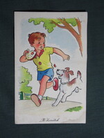 Képeslap,Macskássy János grafika,művészet,gyerek modell,kisfiú,kutya,Jó barátok,1957-
