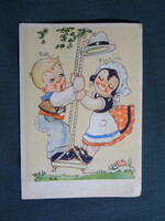 Képeslap,grafikai,művészet,gyerek modell,kislány,kisfiú,hinta,1940-