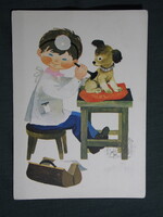 Képeslap,Demjén Zsuzsa grafika,művészet,kisfiú,állatorvos,kutya,1971-