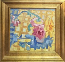 Cs. Németh Miklós: Flowers in a Vase - Rare Oil Painting in Exclusive Frame