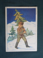Képeslap,grafika,művészet,ünnep,karácsony,gyerek modell,kisfiú,katona,levente,1950-