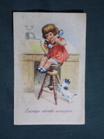 Képeslap,litho,grafikai,művészet,gyerek modell,kislány,macska,cica,ünnep,névnap,1930-