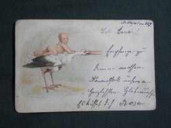 Képeslap,litho,grafikai,művészet,gyerek modell,kisbaba,gólya madár,1900-