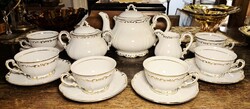 Zsolnay porcelán teás készlet stafír mintás fehér- arany tollazott /6 személyes, hibátlan/
