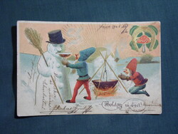 Képeslap,litho,dombornyomott,grafikai,művészet,ünnep,újévi,manó,törpe,hóember,1904-