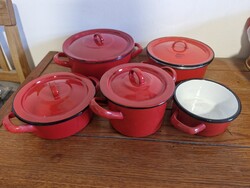 Retro Bonyhád red enamel cookware set, 5 pots + 4 lids – 9 pcs