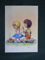 Képeslap,Hangya János grafika,művészet,gyerek modell,kislány,kisfiú,ünnep,húsvét,1990-