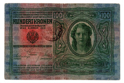 100 Korona Bankjegy 1912 Románia felülbélyegzéssel a NÉMET nyelvű oldalon F