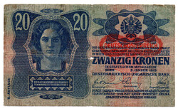 20 Korona Bankjegy 1913 II. kiadás Deutschösterreich bélyegzés G