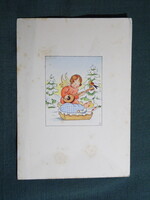 Képeslap,Fritz Baumgarten grafika,művészet,gyerek modell,kislány,angyal,madár,ünnep,karácsony,1940-