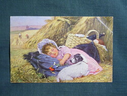 Képeslap,J. Marshall grafika,művészet,gyerek modell,kislány,kutya,1910-