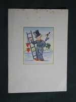 Képeslap,Fritz Baumgarten grafika,művészet,gyerek modell,kisfiú,kéményseprő,ünnep,újévi,1940-