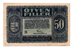 50 Fillér Postatakarékpénztár-jegy 1920 VF