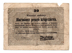 Kossuth 30 Pengő Krajczárra Kincstári utalvány 1849 VG