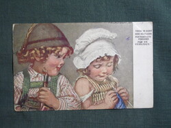 Képeslap,grafikai,művészet,gyerek modell,kislány,kisfiú,1917-