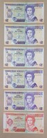 Belize II. Erzsébet királynő bankjegy lott (5x 2 Dollár + 1x 5 Dollár) - Ritka évek, gyönyörű UNC!
