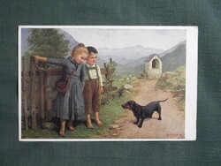 Képeslap,Theodor Kleehaas grafika,művészet,gyerek modell,kislány,kisfiú,tacskó kutya,1917-