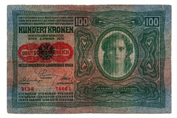 100 Korona Bankjegy 1912 Deutschösterreich felülbélyegzéssel VG