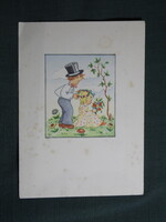 Képeslap,Fritz Baumgarten grafika,művészet,gyerek modell,kislány,kisfiú,virág,1940-