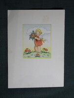 Képeslap,Fritz Baumgarten grafika,művészet,gyerek modell,kislány,virág,1940-