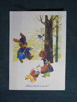 Képeslap,Tomaska Irén grafika,művészet,gyerek modell,kislány,csibe,nyúl,ünnep,húsvét,1971-