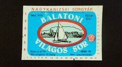 Balatoni világos sör (Italcímke, Nagykanizsa sörgyár, 1980)