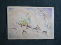 Képeslap,Charlotte Baron grafikai,művészet,gyerek modell,kislány,nyúl,mókus,ünnep,1940-