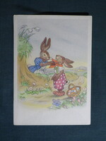 Képeslap,Charlotte Baron grafika,művészet,nyúl,ünnep,húsvét,1940-
