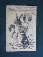 Képeslap,grafikai,művészet,gyerek modell,kislány,nyúl,virág,ünnep,húsvét,1904-
