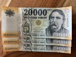 20000 forint bankjegyek 2020 IC UNC sorszámkövető 3 db