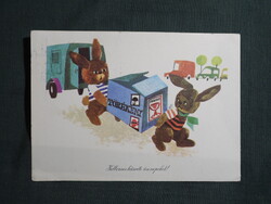 Képeslap,Tomaska Irén grafika,művészet,nyúl,ünnep,húsvét,1971-