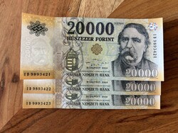 20000 forint bankjegyek 2020 ID UNC sorszámkövető 3 db