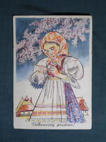 Képeslap,Štefan Cpin grafika,művészet,gyerek modell,kislány,népviselet,ünnep,húsvét,1950-