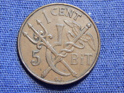 Dán Nyugat India 1 Cent / 5 Bit 1913 (RR alacsony veretszám, mindössze 200.000 darab)