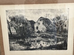 Blahos Rudolf rézkarc: Tata Tóváros, 40 x 30 cm