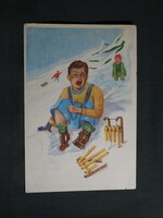 Képeslap,grafikai,művészet,gyerek modell,kisfiú,szánkó baleset,ünnep,karácsony,1960-