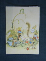Képeslap,Anita Rahlwes grafika,művészet,emberek,gyerek modell,bogár,katica,hernyó,1960-