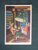 Képeslap,Bacsa János grafika,művészet,gyerek modell,kislány,angyal,harang,ünnep,karácsony,1930-