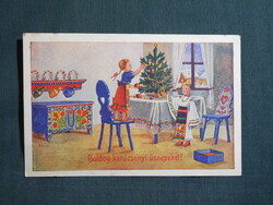 Képeslap,Bacsa János grafika,művészet,gyerek modell,kislány,kisfiú,népviselet,ünnep,karácsony,1930-