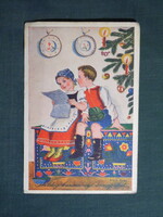 Képeslap,Bacsa János grafika,művészet,gyerek modell,kislány,kisfú,népviselet,ünnep,karácsony,1930-