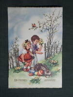 Képeslap,grafikai,művészet,gyerek modell,kislány,kisfiú,nyúl,ünnep,húsvét,1950-