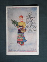 Képeslap,Bacsa János grafika,művészet,gyerek modell,kislány,ünnep,karácsony,1930-
