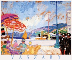 Vaszary János A Piazza dell'Unita Triesztben, festmény művészeti plakátja, tengerpart kávézó terasz